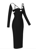 Women Black Bodycon Midi Dress Cutout Long Sleeve Spring Autumn High Strecth Sexy Knitted Cami Dress